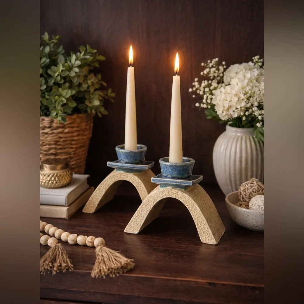 Candlestick Holders 2 Glazed Crafted For Tapers Blue Brown Artisy MCM Signed AG